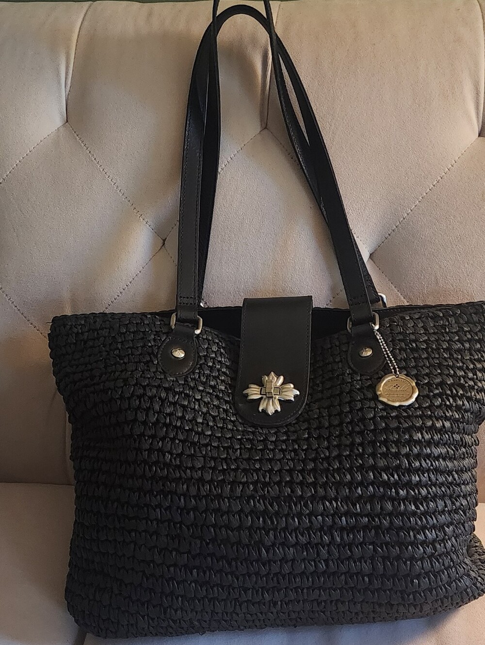 Patricia Nash Manarola Raffia Straw Tote Bag / Blk / EUC